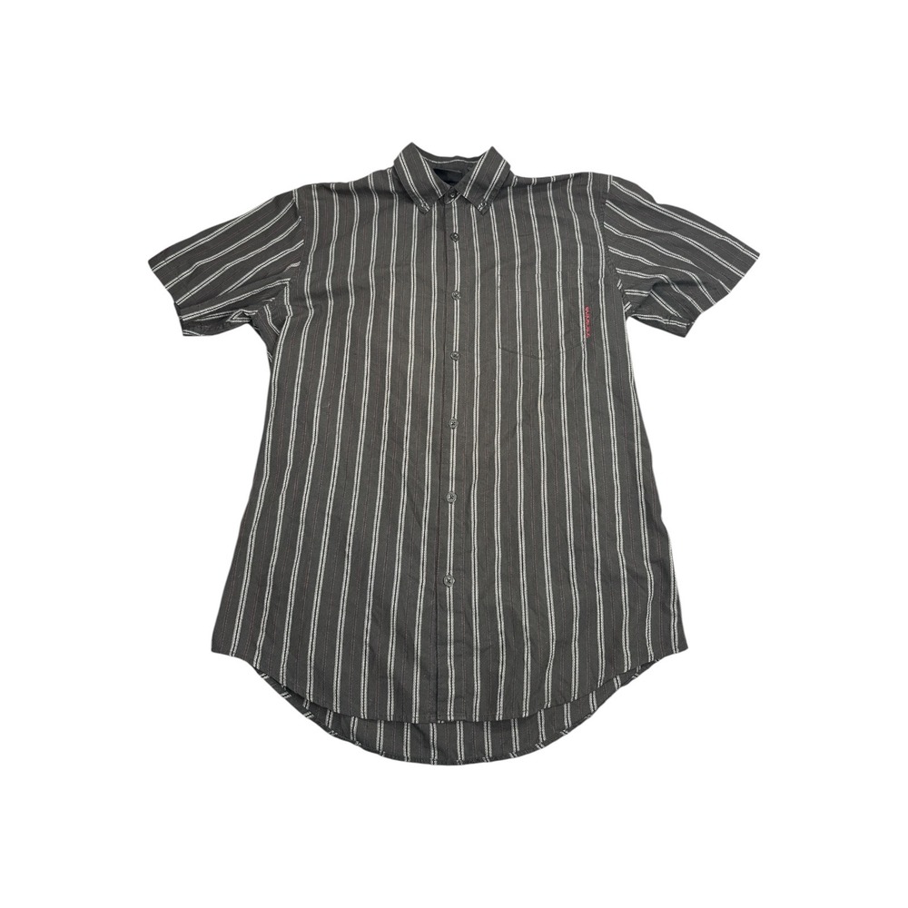 Transnine‎ Mens Large Short Sleeve Button Down Shirt Grey Striped Skate